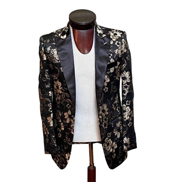 St. Patrick Floral Brocade Tux Blazer Jacket Sport Coat XS Black Gold Slim Fit - Picture 1 of 9